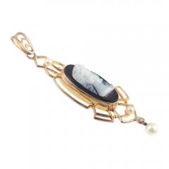 Antique 10k Gold Art Deco Lavalier Necklace Pendant Black Onyx Cameo
