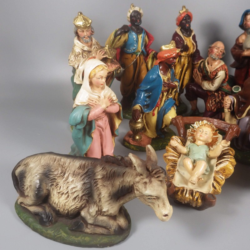 18Pc Vintage Italian Paper Mache Nativity Set Tallest 8.25H