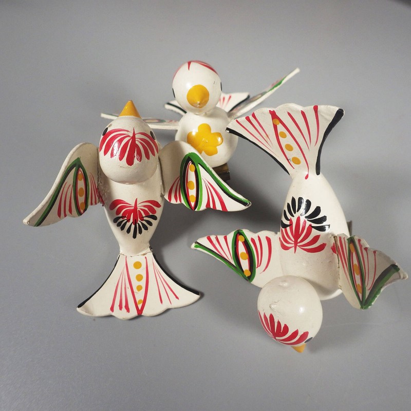 6 Wood Bird Vintage Christmas Ornaments Handpainted Folk Art