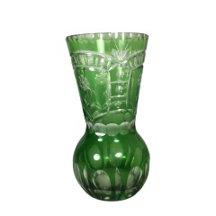 Vintage Green Cut to Clear Art Glass Vase - Tapered Top Etched Floral