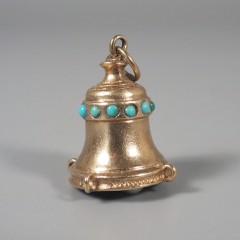 Jeweled Vintage Bell 14k Gold Charm with Turquoise Beads Pearl Clapper