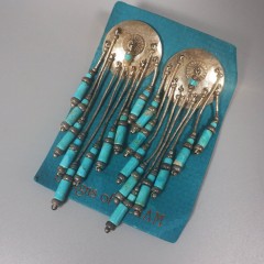Vintage Turquoise Bead Tassel Fringe Earrings - Native American Concho