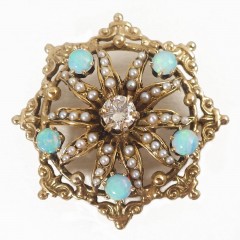 Starburst 14k Gold Diamond Seed Pearl Opal Brooch Pin Pendant