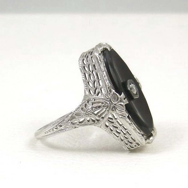 Womens Vintage Black Onyx Ring With Diamond 18k White Gold