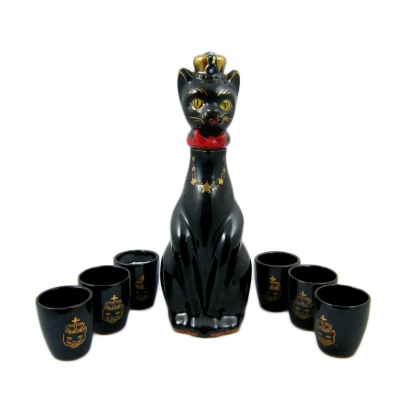 Redware Cat Saki Decanter Set with Six Cups - Made In Japan